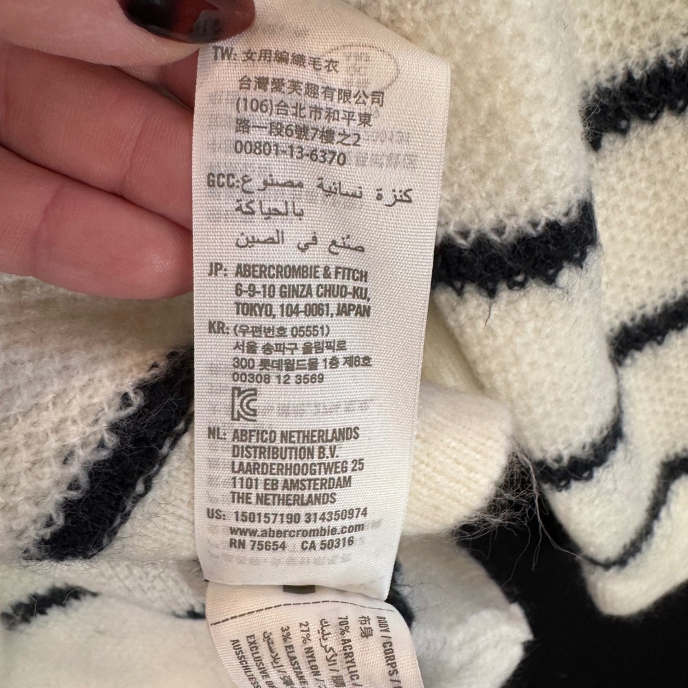 Abercrombie & Fitch Striped Shoulder Zip Knit Sweater Cream Navy Blue Small - Picture 4 of 6